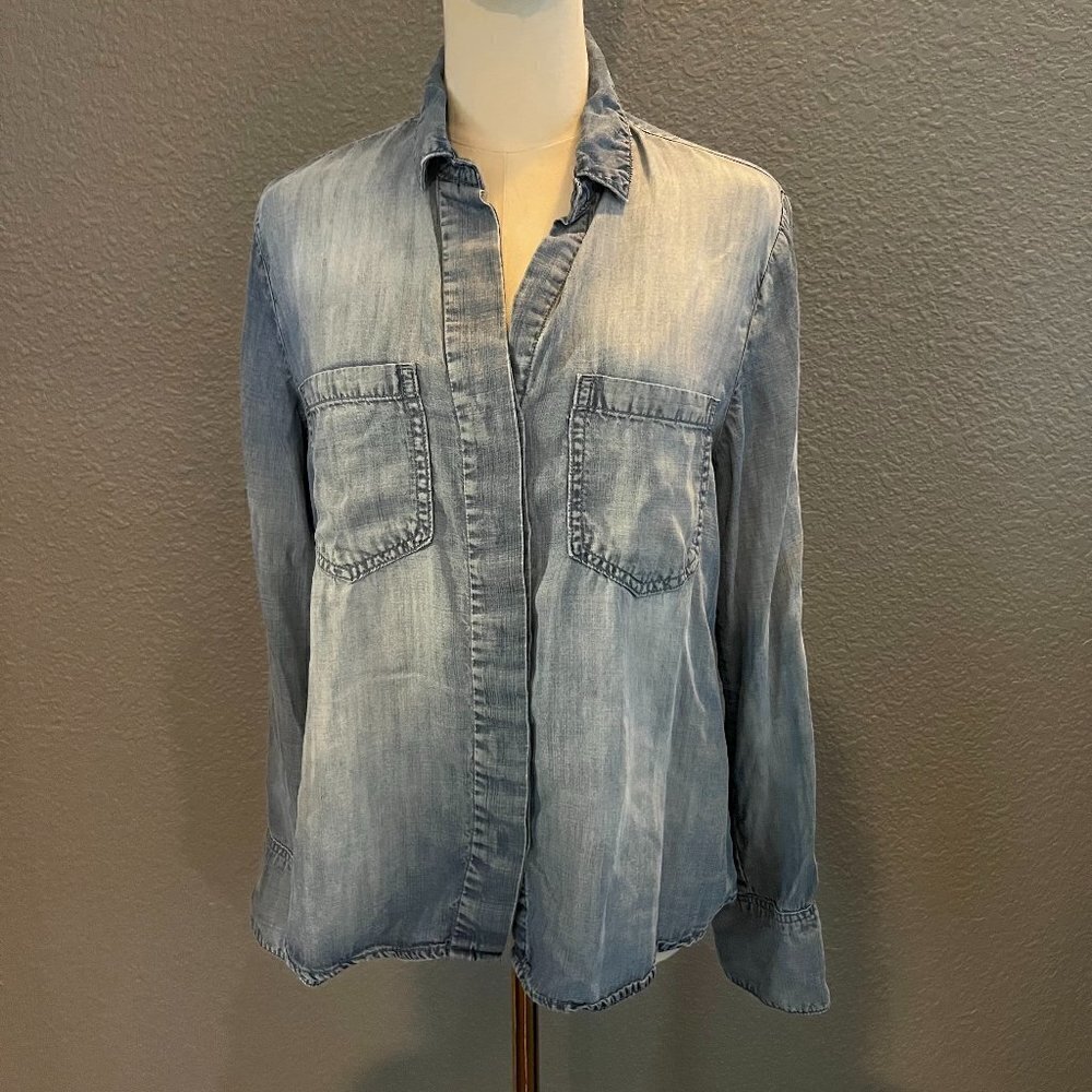 BELLA DAHL Womens Split Back Button Down Shirt Boho Blue Chambray Tencel Top - S